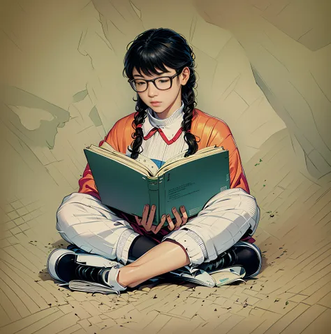 girl sitting on the floor reading a book，neo-classical, depth of field, best quality, super detail，masterpiece，manhwa style，illu...