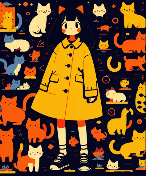 masterpiece,best quality,1girl,cat,long sleeves,multicolored background,