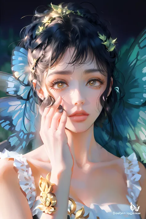 （black color hair，black eyes，ultra-clear image quality，1girl）there are butterflies and moss on the head，dreamy light and shadow，...