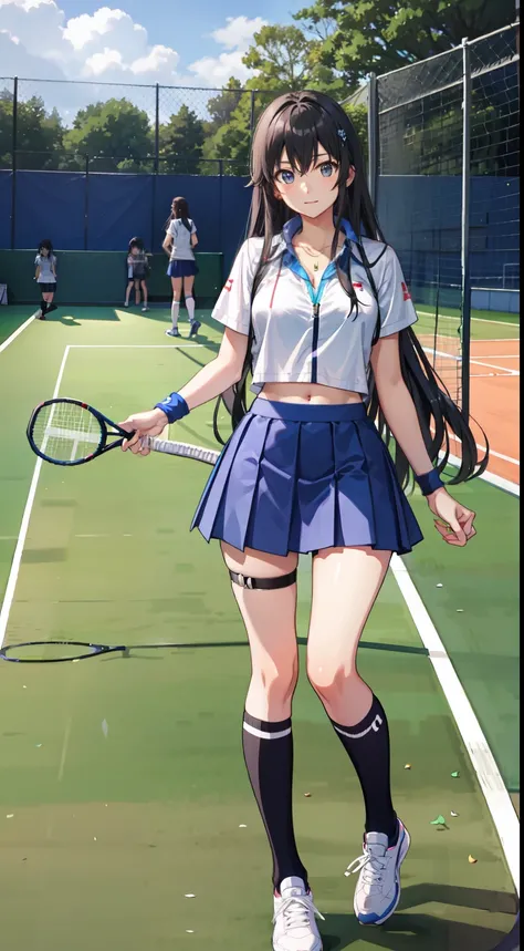 Yukino yukinoshita, long hair, cleavage, navel, slim legs, black hair, blue eyes,  short skirt, thigh high socks, teen, happy, tennis player uniform, park, leaning, full body
