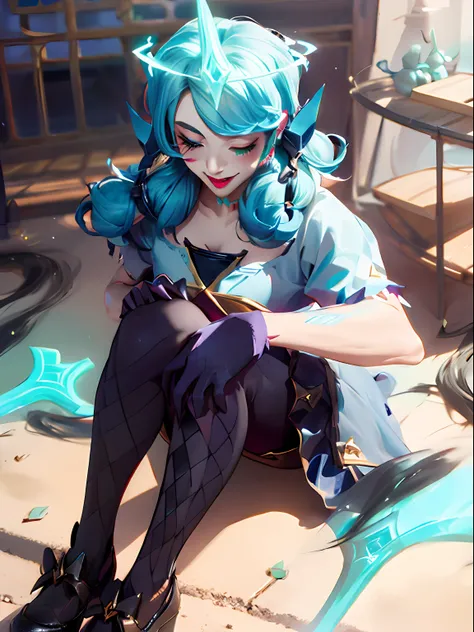 League of Legends Gwen, Wearing Viegos crown, Viegos crown, Green Viego crown, Viego crown, 3 spiked Viego crown, 3 spiked glowing crown, glowing Viego crown, Viego headpieace, SFW, wink, winking, one eye closed, Gwens dress, Gwens outfit, Gwens hair, Gwen...