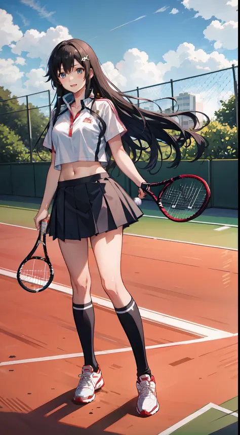 Yukino yukinoshita, long hair, cleavage, navel, slim legs, black hair, blue eyes,  short skirt, thigh high socks, teen, happy, tennis player uniform, park, full body
