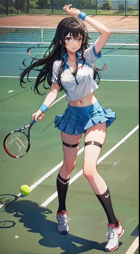 Yukino yukinoshita, long hair, cleavage, navel, slim legs, black hair, blue eyes,  short skirt, thigh high socks, teen, happy, tennis player uniform, park,