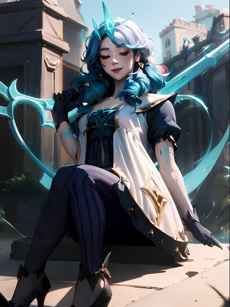 League of Legends Gwen, Wearing Viegos crown, Viegos crown, Green Viego crown, Viego crown, 3 spiked Viego crown, 3 spiked glowing crown, glowing Viego crown, Viego headpieace, SFW, wink, winking, one eye closed, Gwens dress, Gwens outfit, Gwens hair, Gwen...