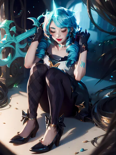 League of Legends Gwen, Wearing Viegos crown, Viegos crown, Green Viego crown, Viego crown, 3 spiked Viego crown, 3 spiked glowing crown, glowing Viego crown, Viego headpieace, SFW, wink, winking, one eye closed, Gwens dress, Gwens outfit, Gwens hair, Gwen...