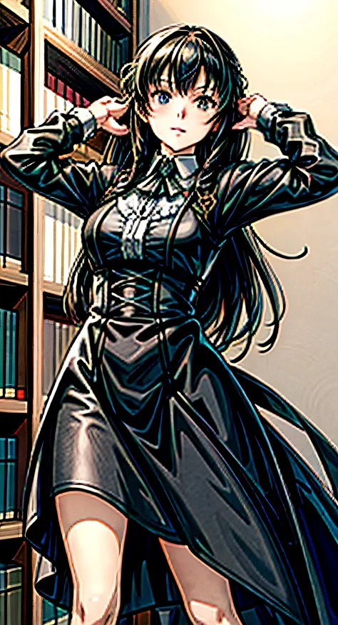 actionpose、(linear art_anime:1.0).anime girl posing in front of bookshelf,  woman in black gothic dress,