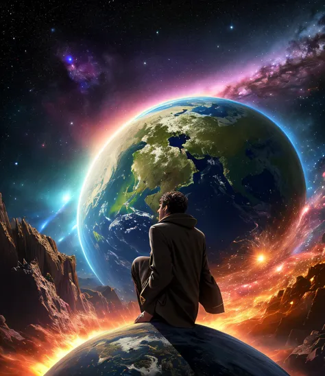 man at edge of creation of the universe