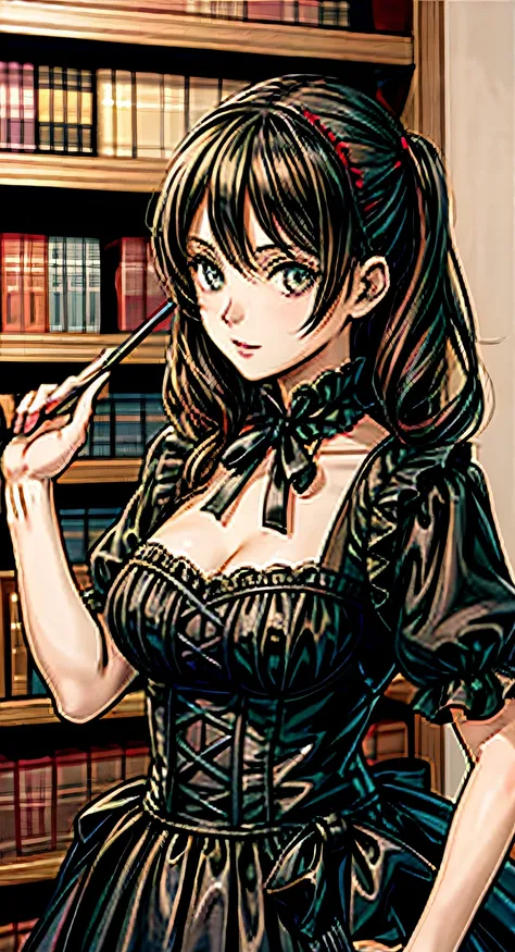 Anime girl posing in front of bookshelf, Woman in black gothic dress,
