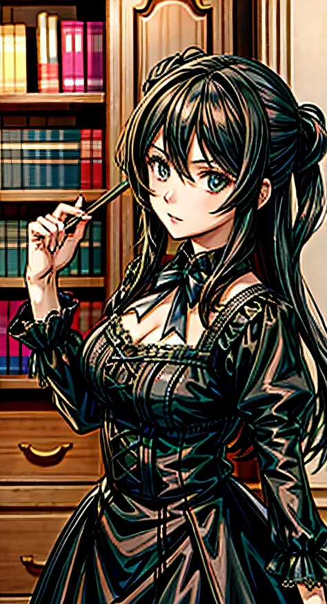Anime girl posing in front of bookshelf, Woman in black gothic dress,