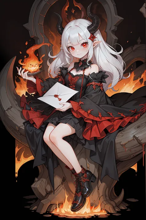 hellish ((messenger)), a charming girl with (long demonic horns), gently (handing a letter) in the depths of hell,( fire and lav...