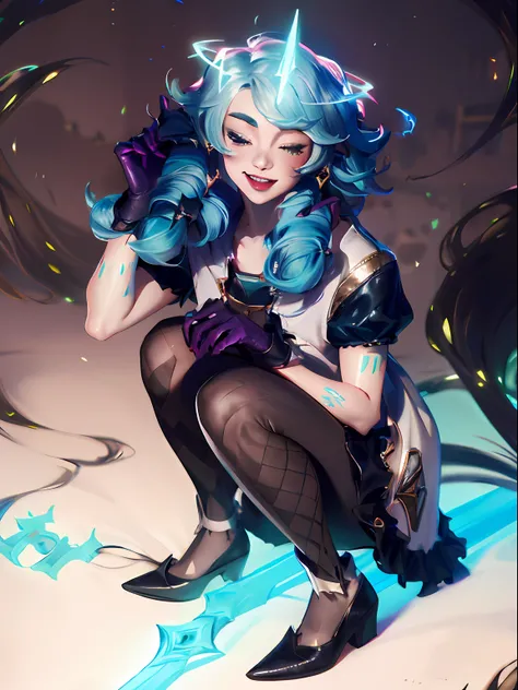 League of Legends Gwen, Wearing Viegos crown, Viegos crown, Green Viego crown, Viego crown, 3 spiked Viego crown, 3 spiked glowing crown, glowing Viego crown, Viego headpieace, SFW, wink, winking, one eye closed, Gwens dress, Gwens outfit, Gwens hair, Gwen...