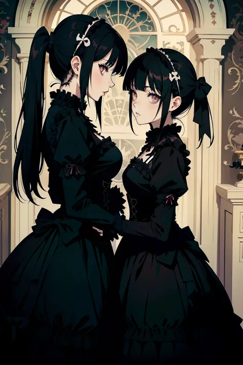 anime, goth girl, emo girl, long hair, lolita hair, gothic dress, black dress, victorian dress, white eyes, gothic art style, in...