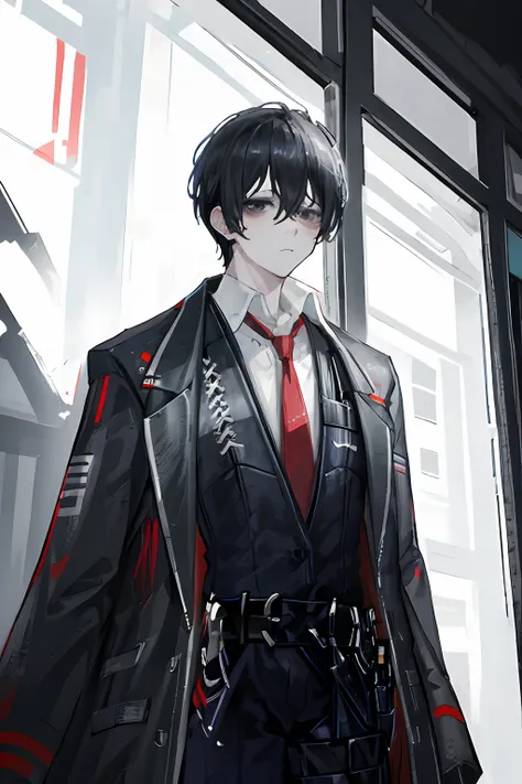 (masterpiece, best quality), yisang_limbus, default_outfit, 1boy, solo, red necktie, black jacket, black vest, jacket on shoulde...