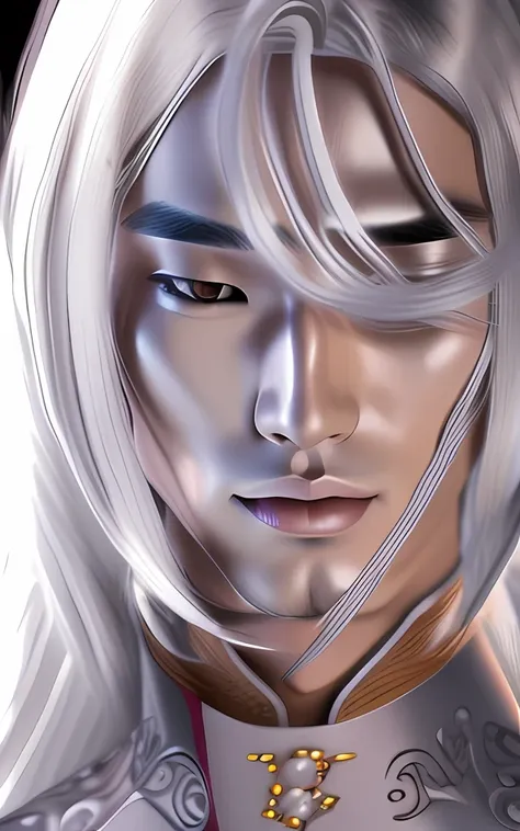 1 man, 3d, asian, silver long long flowing _hair, blurry, brown_background, forehead, jewelry, lips, looking_at_viewer, nose, so...