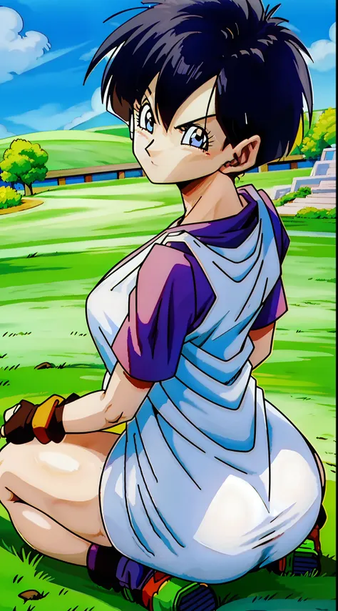 videl showing off her ass in a kneeling position from front to back, bunda detalhada, bunda volumosa,focar na bunda, sapatos det...