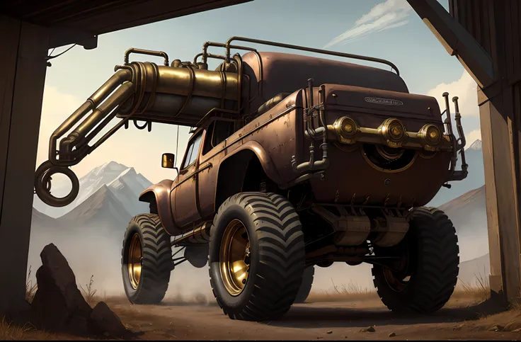 a stunning photo of a steampunk monster truck, side view, brass, steel, pipes