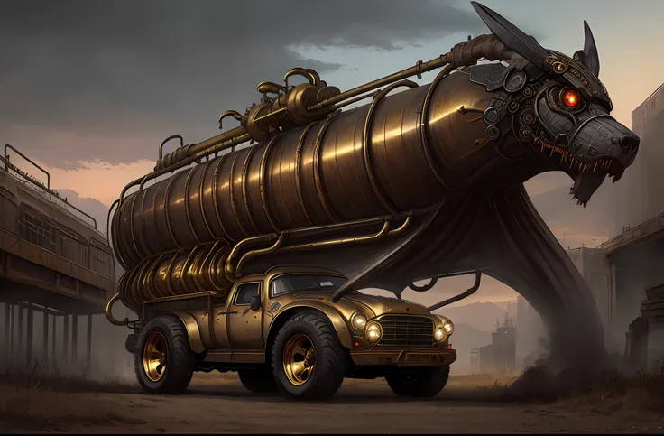 a stunning photo of a steampunk monster truck, side view, brass, steel, pipes