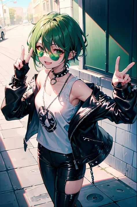 girl, (emerald green short hairstyle), ((aviator sunglasses)), (((tomboy))), big smile, street bandit clothes, leather jacket, w...