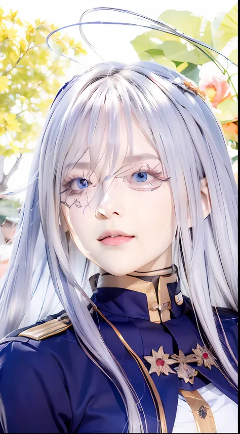 anime girl with long white hair and blue eyes in uniform, lucina from fire emblem, white haired deity, portrait knights of zodiac girl, keqing from genshin impact, ayaka genshin impact, from girls frontline, silver haired, gray haired, fine details. girls ...