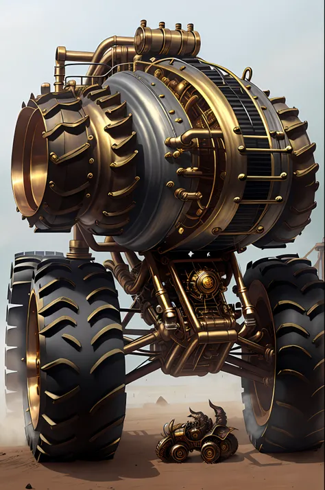 steampunk monster trucks、from side view、brass、steel、great photos of pipes、white background