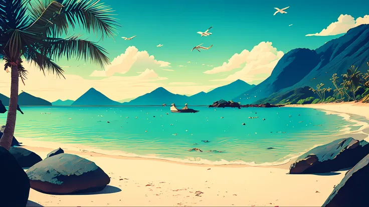 beach, blue_sky, boat, chair, cliff, cloud, cloudy_sky, curtains, day, floral_print, flower, horizon, indoors, island, lake, mount_fuji, mountain, mountainous_horizon, no_humans, ocean, outdoors, painting_(object), palm_tree, pier, planet, plant, pool, pot...