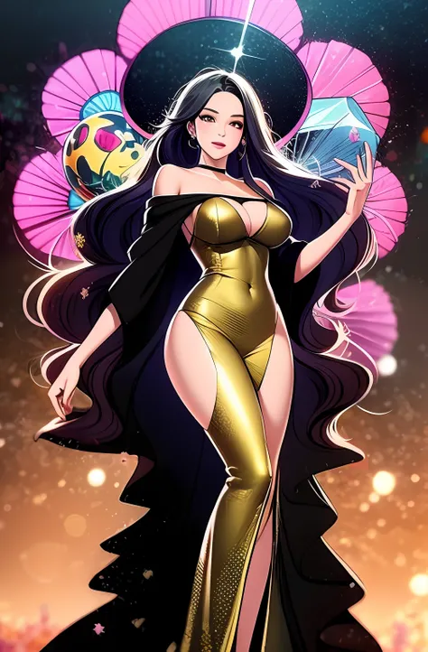 art deco frame,black gold white color scheme,white dominate,star,cosmos,fullbody of lisa blackpink pink color hair ,long hair,parted hair,long length hair, curly hair,thick front bang,big goldfish made with gold floating around with smoke in graphic style ...