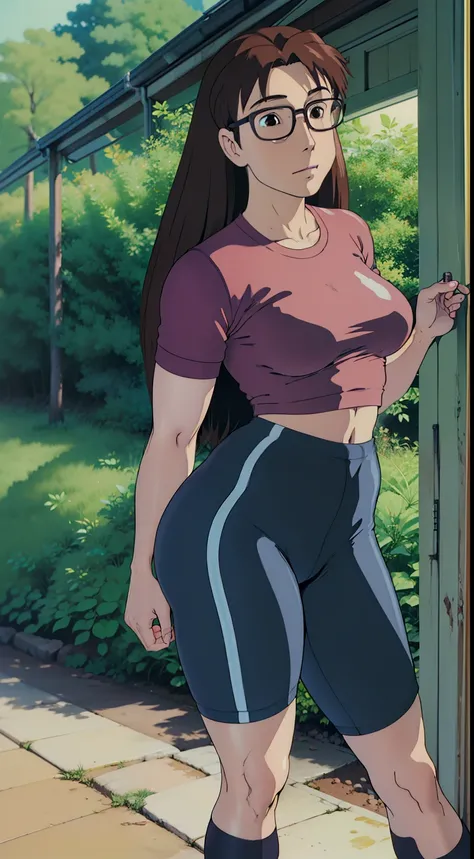 Koyomi Mizuhara, girl, brown hair, long hair, glasses, brown eyes, shirt, biker short leggings, medium breasts, short socks, shoes, Wallpaper, standing up, close-up view, luscious lips, front view, slim waistline, wet shirt, abs, curvy