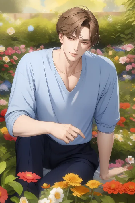 masterpiece, best quality, 1 male, adult, mature, tall, broad shoulders, handsome, intricate details, a man lying in a flower ga...