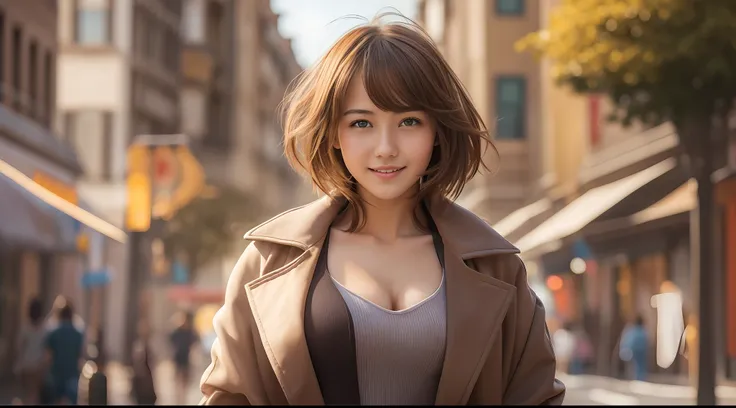 1 girl, masterpiece, best quality, realistic, real, half body, (one person in the photo:1.3), (alone:1.3), temptation light smile, short shoulder length hair, brown hair, attractive eyes, large breasts, showing cleavage, T-shirt, draped in a coat, sunny da...