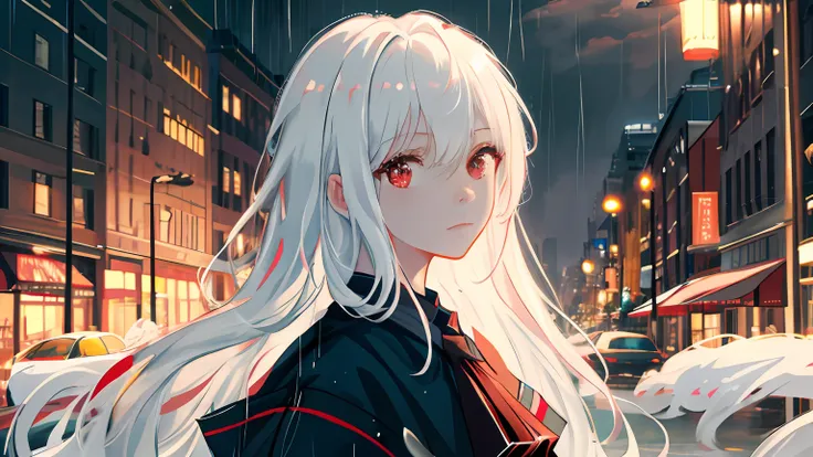 masterpiece, best quality, extremely detailed, cinematic lightning, intricate detail, highres, official art, finely detailed beautiful face and eyes, high resolution illustration, 8k, depth of field, bokeh, solo, 1girl, a girl with white hair and red eyes,...