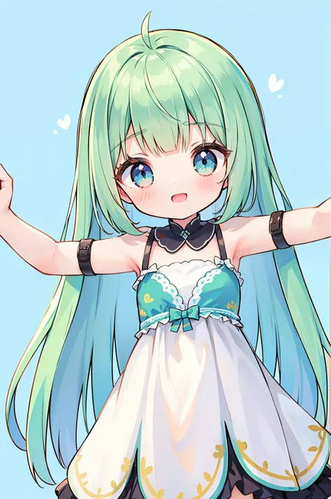 cute chibi girl, spread arms out, open mouth, cheerful expression, green hair, blue eyes, simple background