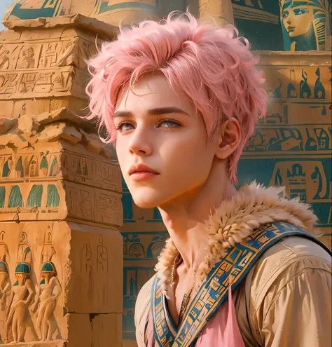 a 15-year-old boy with pink hair is a man who has honey-colored eyes in the background of ancient egypt you can see the pyramids