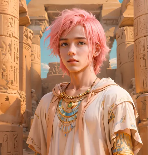 a 15-year-old boy with pink hair is a man who has honey-colored eyes in the background of ancient egypt you can see the pyramids