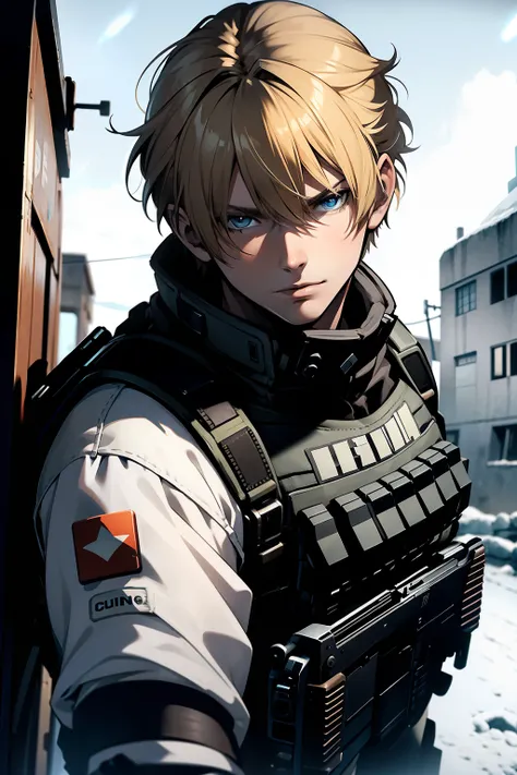 young man, face of leon kennedy, blond hair, black letter bulletproof vest, white army combat shirt, holding a submachine gun, i...