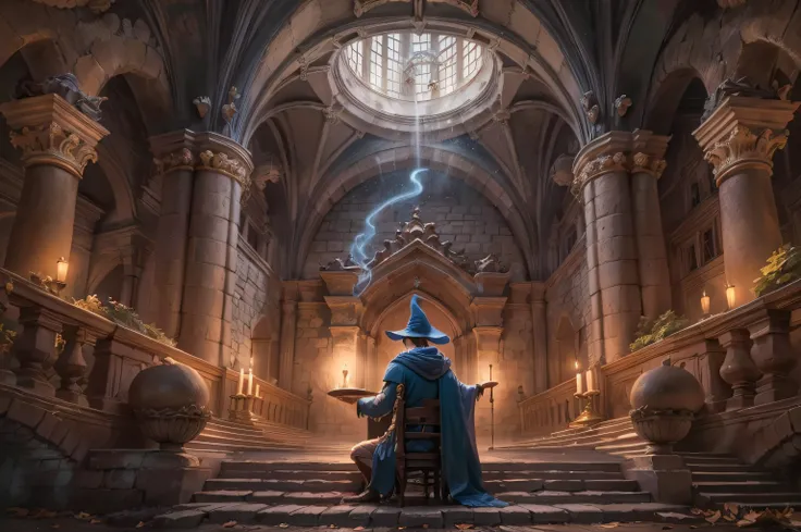 a wizard sitting in the center of a great hall in a castle casting a spell