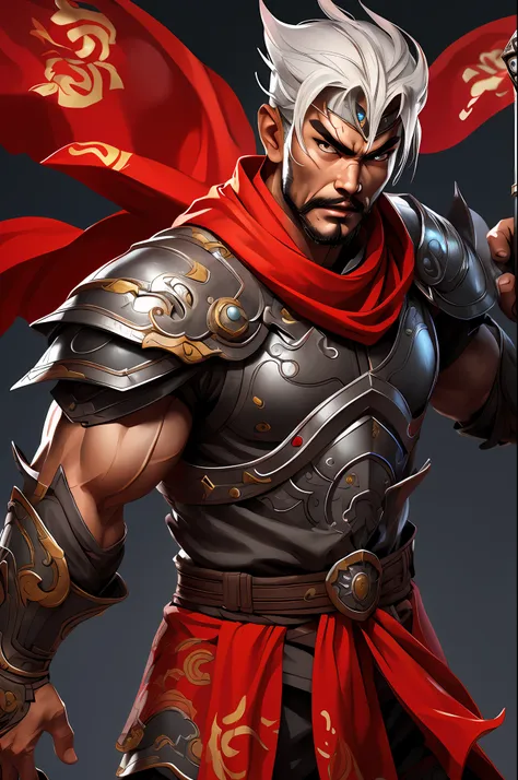 sun jian dynesty worriors game, chinese male, chinese, cape, armor, weapon,solo, 1boy, strong, muscular male, wide waist, fire, ...