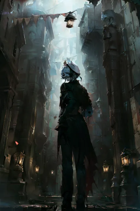 (( best quality, masterpiece)) Standing in dark alley, night, lit by street lantern, skull in hand, drenched in blood, sadistic smile, looking at camera, back turned