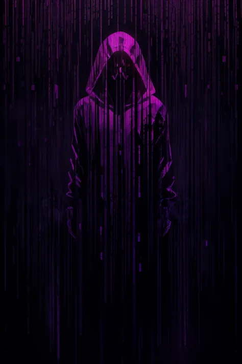 a mysterious latex hooded ghost with neon purple smoke aura matrixcommandlinestyle is holding a bright red apple, black backgrou...