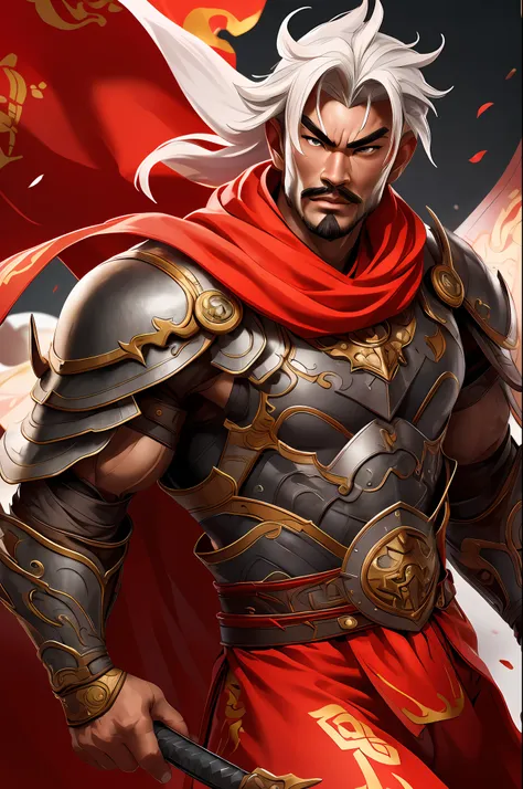 sun jian dynesty worriors game, chinese male, chinese, cape, armor, weapon,solo, 1boy, strong, muscular male, wide waist, fire, ...