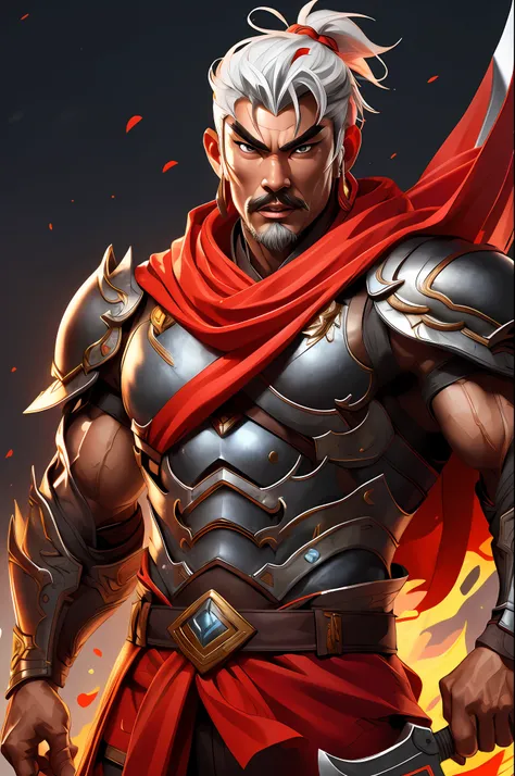 sun jian dynesty worriors game, chinese male, chinese, cape, armor, weapon,solo, 1boy, strong, muscular male, wide waist, fire, ...