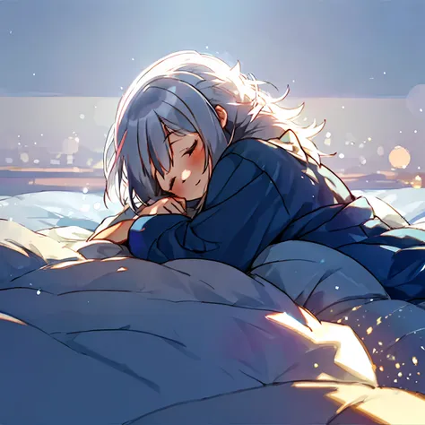 sleepeace, 1girl, face down, silver hair, pajamas, sunrise backlighting,, ultra_detailed:1.2