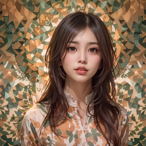 (Background, symmetrical, Compositions with coloful geometric arabesque patterns):1.3, (fullbody:1.3), (Medium hair, dark brown hair), (top-quality, Photorealsitic:1.4, masterpiece:1.3, RAW Photography:1.2, cinematric light, very detailed illustration), (...