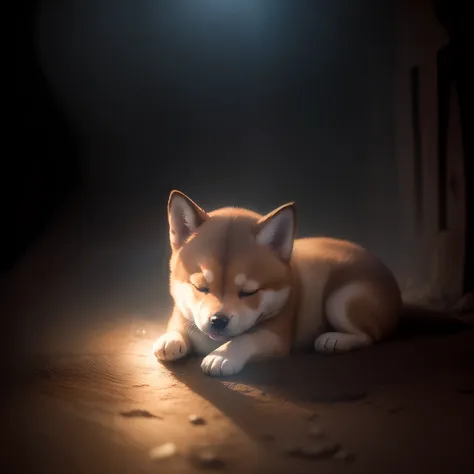 in a dimly lit dungeon、、shiba inu cute puppy is sleeping、close-up photos、volumetric fog、halation、bloom、dramatic atmosphere、centr...