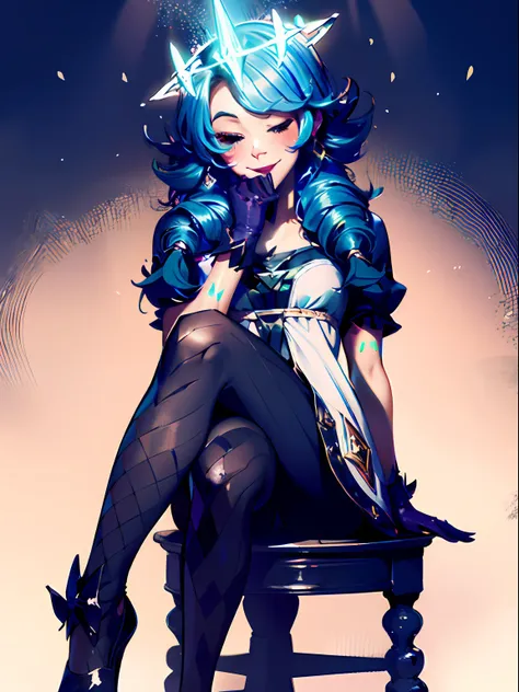 League of Legends Gwen, Wearing Viegos crown, Viegos crown, Green Viego crown, Viego crown, 3 spiked Viego crown, 3 spiked glowing crown, glowing Viego crown, Viego headpieace, SFW, wink, winking, one eye closed, Gwens dress, Gwens outfit, Gwens hair, Gwen...