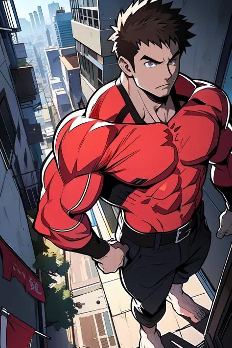 generate anime-style artwork with a high-angle shot of a muscular male character with his body facing the camera, the character ...