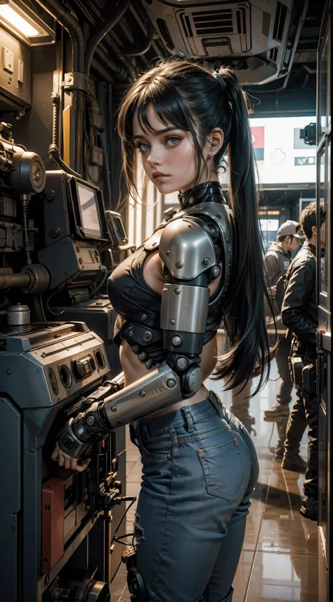 uma garota loira com cabelo de pigtails , 18 years old she's inside a giant robot, shorts e jaqueta jeans rasgado, (dentro de um...