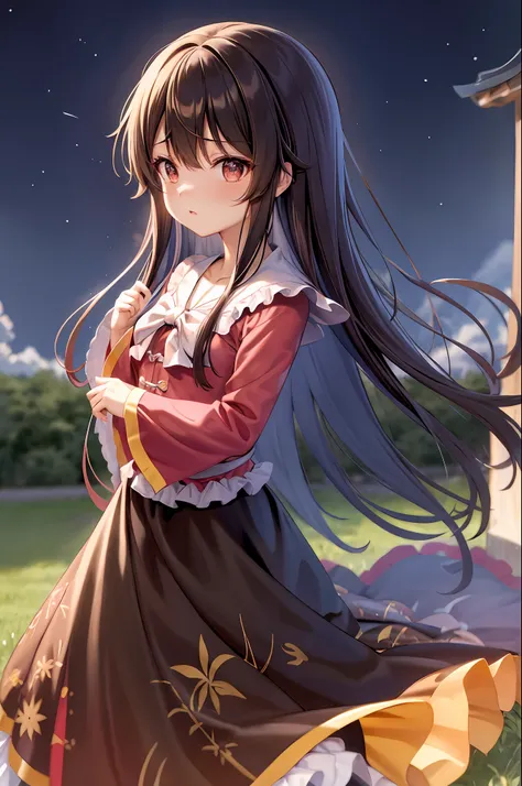 master part, best quality, 1girl, cabelos curtos, sozinho, Megumin Konosuba, lua, ramo, lua cheia, cabelos castanhos, Noite, folha, heaven, parte superior do corpo, Perfil, olhos vermelhos, night sky, Frescuras, de lado, camisa rosa, camisa, flor, franja,...