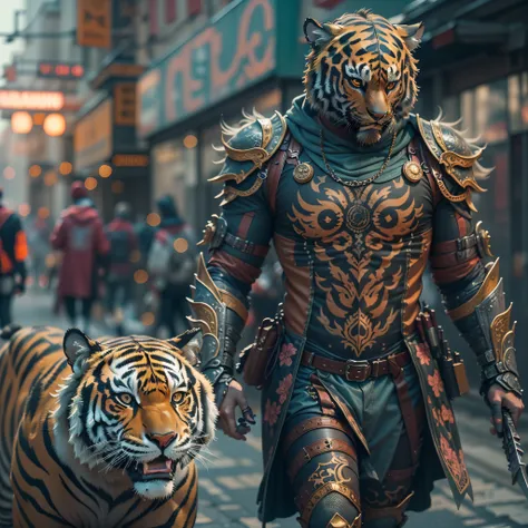 (masterpiece) a man in antique armor and a tiger mask with a weapon walking down the street, costumed warrior, weapon in hand, c...