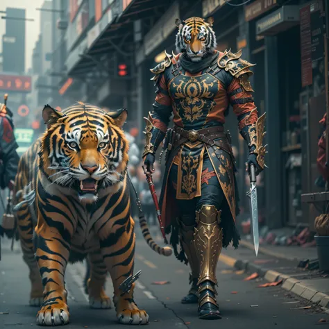 (masterpiece) a man in antique armor and a tiger mask with a weapon walking down the street, costumed warrior, weapon in hand, c...