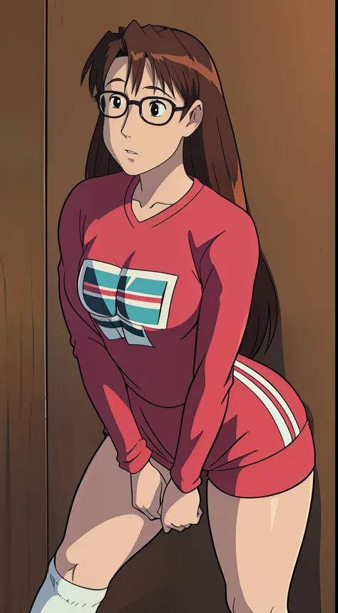 Koyomi Mizuhara, brown hair, long hair, glasses, brown eyes, luscious lips, Sleeved shirt jersey, large breasts, adidas biker shorts, socks, shoes, Wallpaper, Standing upright, sexual poses, close up, closer view,